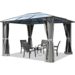 TOOLPORT Havepavillon 3x3,65 m tag af polycarbonat ca. 6 mm - Hardtop pavillon inkl. 4 sidegardiner & 4 myggenet grå