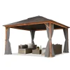 TOOLPORT Havepavillon 4x4 m træ-look Hardtop ståltag 4 sidegardiner grå
