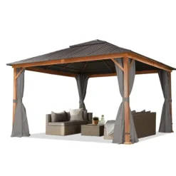 TOOLPORT Havepavillon 4x4 m træ-look Hardtop ståltag 4 sidegardiner grå