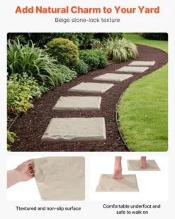 Trædesten til have - Plastikfliser til gangsti - Sæt med 8 - 39,5 x 39,5 cm - Med jordspyd - Vejrbestandige - Til græsplæne/terrasse - Beige