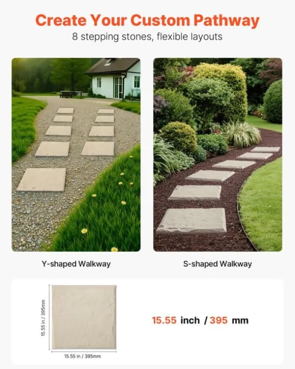 Trædesten til have - Plastikfliser til gangsti - Sæt med 8 - 39,5 x 39,5 cm - Med jordspyd - Vejrbestandige - Til græsplæne/terrasse - Beige