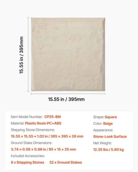 Trædesten til have - Plastikfliser til gangsti - Sæt med 8 - 39,5 x 39,5 cm - Med jordspyd - Vejrbestandige - Til græsplæne/terrasse - Beige