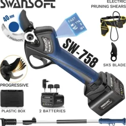 Trådløse beskærersakse, børsteløs motor, holdbare blade,to batterier, SW-758 B med pol