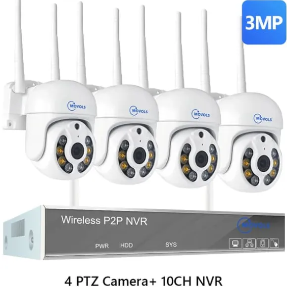 Trådløst CCTV-system, AI-detektion, To-vejs lyd,10CH 3MP Med 4 PTZ, 1T