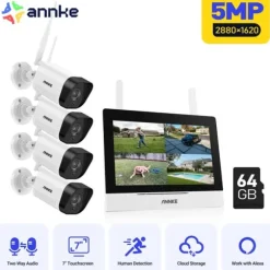 Trådløst CCTV-system, 7-tommer berøringsskærm, tovejskommunikation,5MP 4PCS Kamera 64G