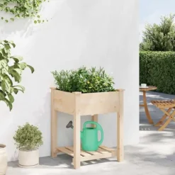 Træholdig havekasse med hylde - Blomsterkrukke | Farve: Beige | Størrelse: 60.5x60x76.5 cm