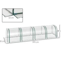 Tunneldrivhus 395x100x80 cm, 4 lynlåsvinduer, stålramme, transparent dug