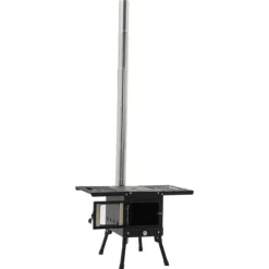 Udendørs campingovn - Træ- og kulkomfur - Røgaftræk med skorsten - Foldbar 31,5×22×21 cm - Kulstål & rustfrit stål - Vægt 8 kg - Sort