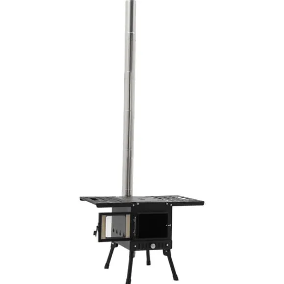 Udendørs campingovn - Træ- og kulkomfur - Røgaftræk med skorsten - Foldbar 31,5×22×21 cm - Kulstål & rustfrit stål - Vægt 8 kg - Sort