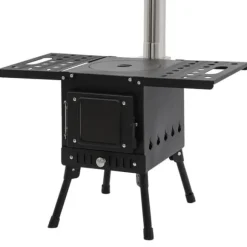 Udendørs campingovn - Træ- og kulkomfur - Røgaftræk med skorsten - Foldbar 31,5×22×21 cm - Kulstål & rustfrit stål - Vægt 8 kg - Sort