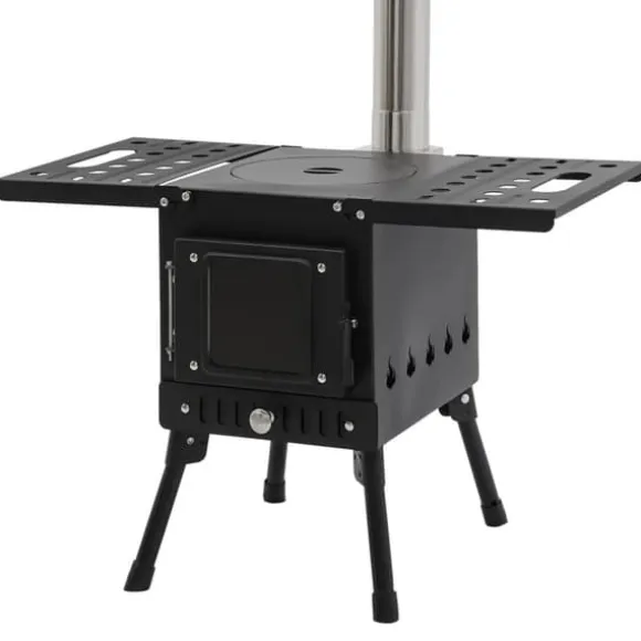 Udendørs campingovn - Træ- og kulkomfur - Røgaftræk med skorsten - Foldbar 31,5×22×21 cm - Kulstål & rustfrit stål - Vægt 8 kg - Sort
