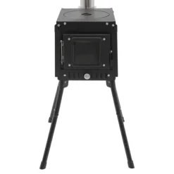 Udendørs campingovn - Træ- og kulkomfur - Røgaftræk med skorsten - Foldbar 31,5×22×21 cm - Kulstål & rustfrit stål - Vægt 8 kg - Sort