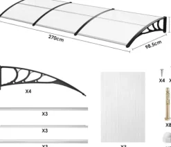 Udendørs dør- og vinduesoverdækning - Markise & overdækning - 270 x 98,5 cm - Polycarbonat kanalplader - UV- og regnbeskyttelse - Aluminiumsramme