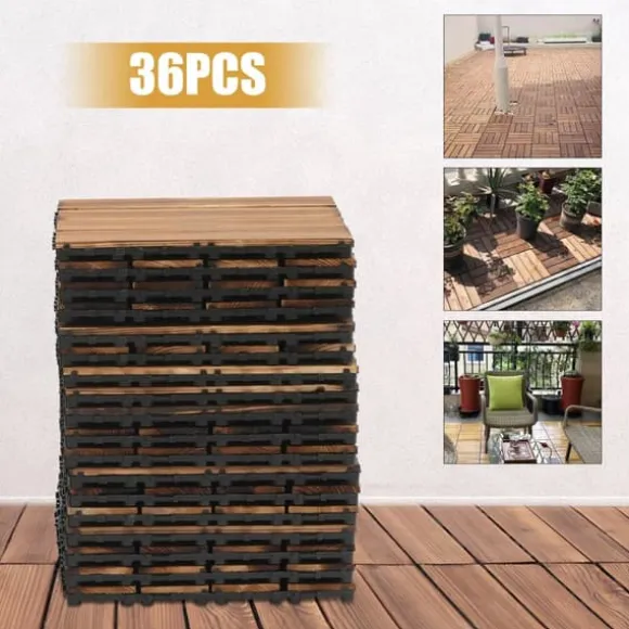 Udendørs hårdttræsfliser - Kliksystem 30x30x2 cm - 36‑pakke, 3,24 m² dækning - Vandtæt - Nem montering - Til terrasse/balkon - Brun