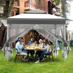 Udendørs pavillon 3.3 x 3.3 m, Pop-up gazebo, Lysegrå, 4 aftagelige myggenet, UV- og regntæt, Dobbelt tag, sammenklappelig