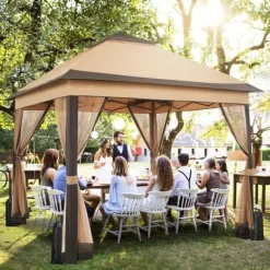 Udendørs pavillon 3.3 x 3.3 m, Pop-up gazebo, Lysegrå, 4 aftagelige myggenet, UV- og regntæt, Dobbelt tag, sammenklappelig