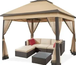 Udendørs pavillon 3.3 x 3.3 m, Pop-up gazebo, Lysegrå, 4 aftagelige myggenet, UV- og regntæt, Dobbelt tag, sammenklappelig