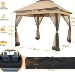 Udendørs pavillon 3.3 x 3.3 m, Pop-up gazebo, Lysegrå, 4 aftagelige myggenet, UV- og regntæt, Dobbelt tag, sammenklappelig