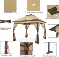 Udendørs pavillon 3.3 x 3.3 m, Pop-up gazebo, Lysegrå, 4 aftagelige myggenet, UV- og regntæt, Dobbelt tag, sammenklappelig