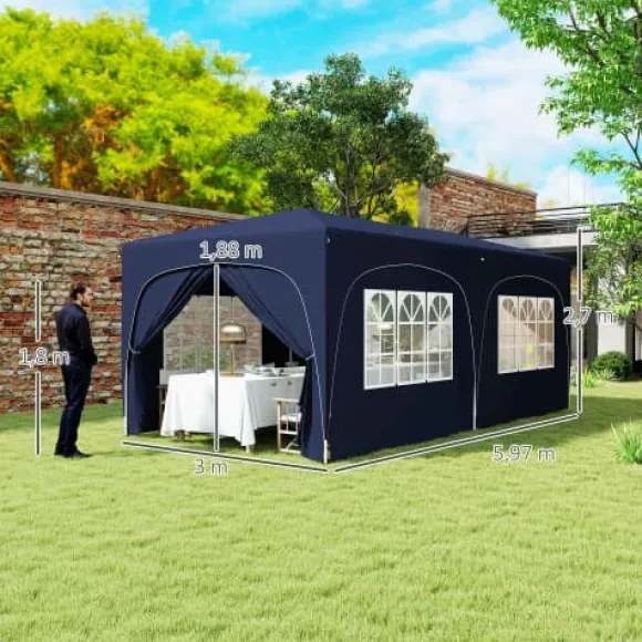 Udendørs Pavillon, UPF50+ Oxford Stof, 597L x 300B x 270H cm, Højdejusterbar op til 270 cm, Egnet til 12-18 Personer, Øgede Stabilitetsfunktioner