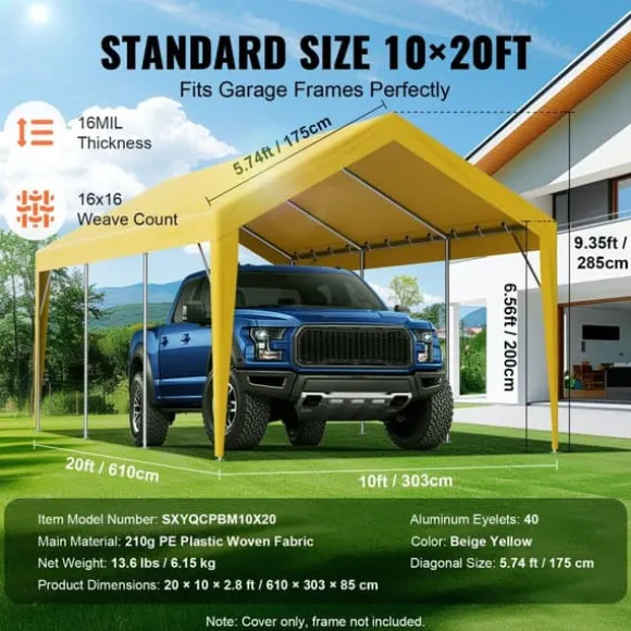 Udskiftning af baldakindæksel til carport 10 x 20 fod, vandtæt garage-telt. Let installation med bungees, beige (kun top, ramme ikke inkluderet).