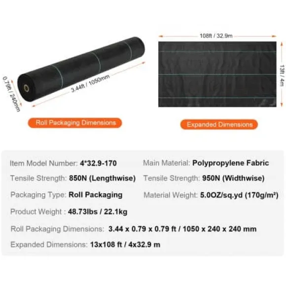 Ukrudtsdug, 3,96x32,92 m, Sort, Polypropylen