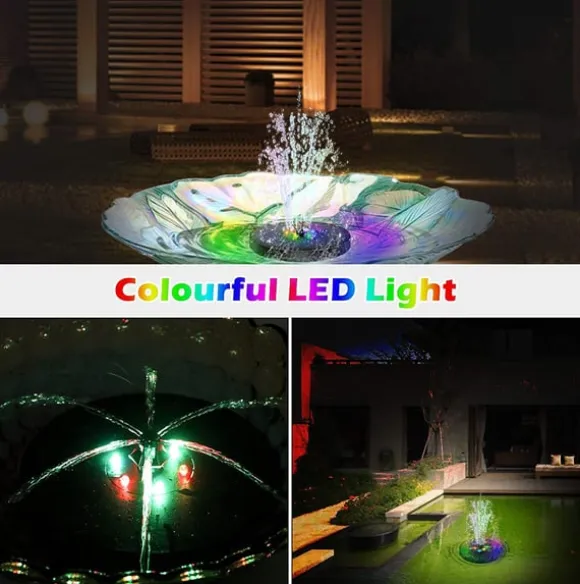 Vandfontæne soldrevet 18 cm med farverig LED-belysning