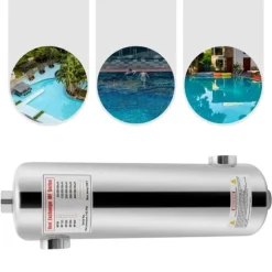 Varmeveksler til pool i rustfrit stål, 60 kW, SPA-termostatvarmer, cirkulationsopvarmning, sølv