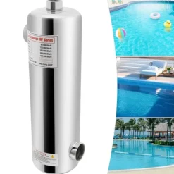 Varmeveksler til pool i rustfrit stål, 60 kW, SPA-termostatvarmer, cirkulationsopvarmning, sølv