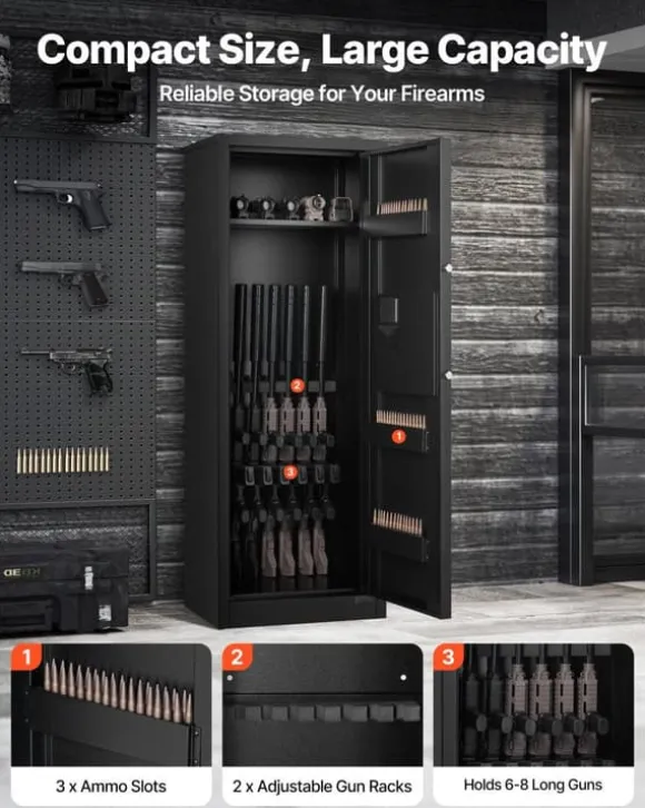 Våbenskab - Riffelskab 6-8 Våben - Til Rifler og Pistoler - Hurtig Adgang - Ammunitionsrum (3) - Justerbare Stativer (2) - Digital Kodelås og Nøgle