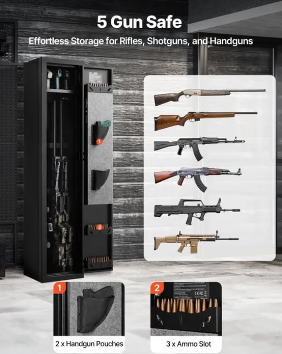 Våbenskab - Riffelskab med Fingeraftryk - Brandsikkert Koldvalset Stål - Biometrisk Kodelås - Justerbare Hylder - Til Rifler og Pistoler
