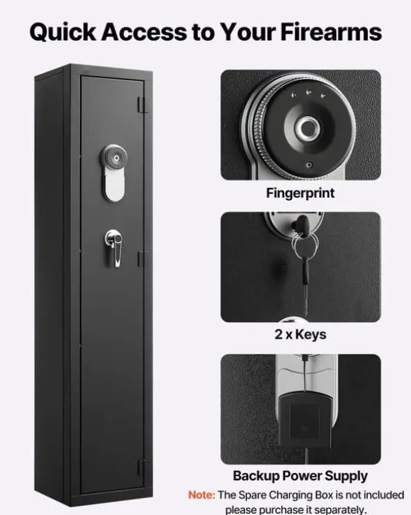 Våbenskab - Riffelskab med Fingeraftryk - Brandsikkert Koldvalset Stål - Biometrisk Kodelås - Justerbare Hylder - Til Rifler og Pistoler