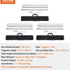 VEVOR Flagstang Sæt, 14,4 fod Længde, 3 Sæt, Letvægts 12,34 lbs,Pole3set 5.61 kg