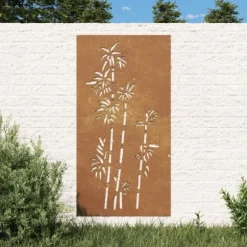 Väggdekoration i rosttrögt stål med bambudesign | Storlek: 105x55 cm | Färg: Brunt