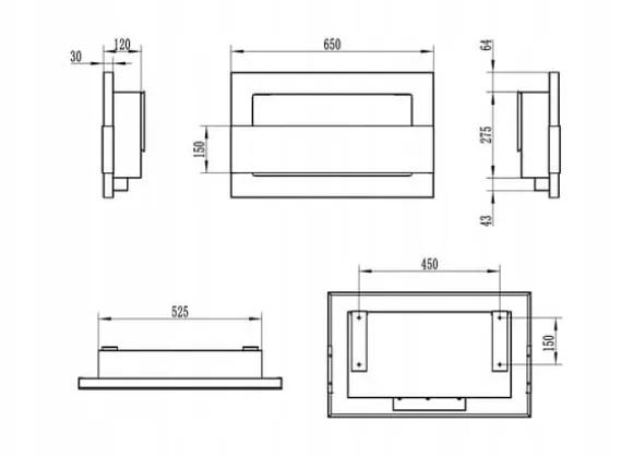 Væghængt biopejs med glas 65x40x12 cm Flammeregulering Matsort