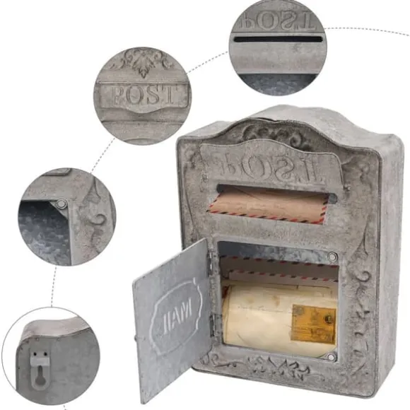 Vægmonteret postkasse, antik/vintage-stil i metal, grå, til have og udendørs brug