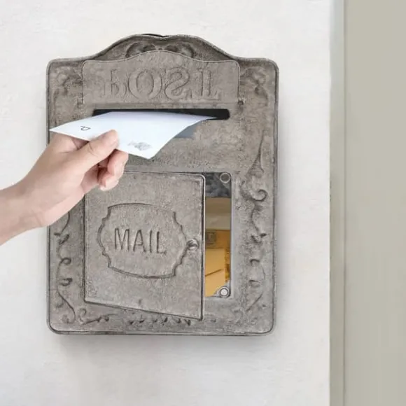 Vægmonteret postkasse, antik/vintage-stil i metal, grå, til have og udendørs brug