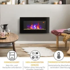 Vægpejs 1000/2000 W med LED-flammeeffekt i 7 farver, fjernbetjening, sort