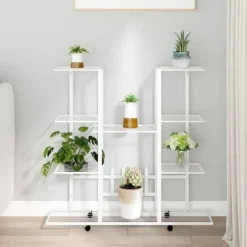 vidaXL blomsterstativ med hjul 94,5x24,5x91,5 cm jern hvid - Planteborde