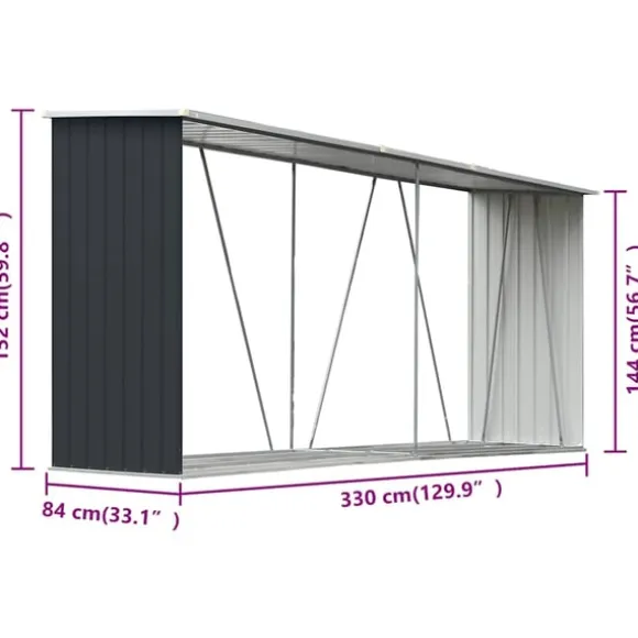 vidaXL brændeskur til haven 330x84x152 cm galvaniseret stål antracitgrå