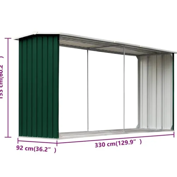 vidaXL brændeskur til haven 330 x 92 x 153 cm galvaniseret stål grøn