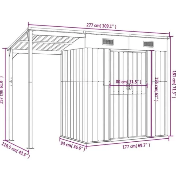 vidaXL haveskur med udvidet tag 277x110,5x181 cm stål grøn - Skure & Redskabsskure