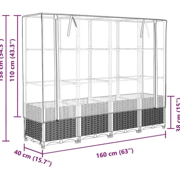 vidaXL højbed med drivhusovertræk 160x40x138 cm rattan-look