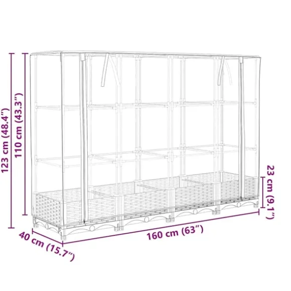 vidaXL højbed med drivhusovertræk 160x40x123 cm rattan-look