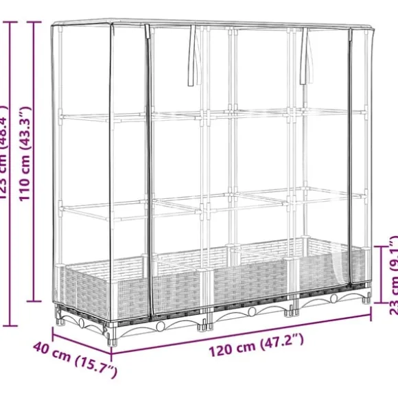 vidaXL højbed med drivhusovertræk 120x40x123 cm rattan-look