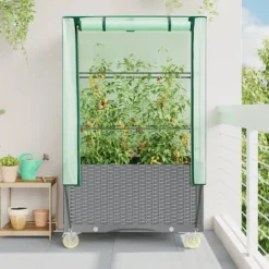vidaXL højbed med overtræk og hjul 80x50x182 cm rattan-look