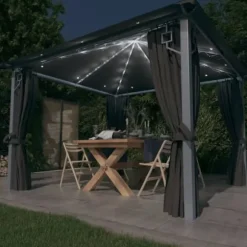 vidaXL pavillon med gardin + LED-lyskæder 300x300 cm aluminium grå - Festtelte & havepavilloner