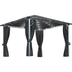 vidaXL pavillon med gardin + LED-lyskæder 300x300 cm aluminium grå - Festtelte & havepavilloner
