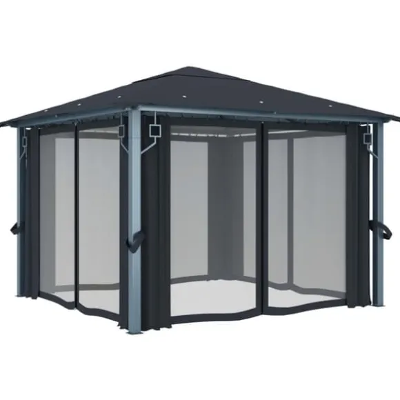 vidaXL pavillon med gardin + LED-lyskæder 300x300 cm aluminium grå - Festtelte & havepavilloner
