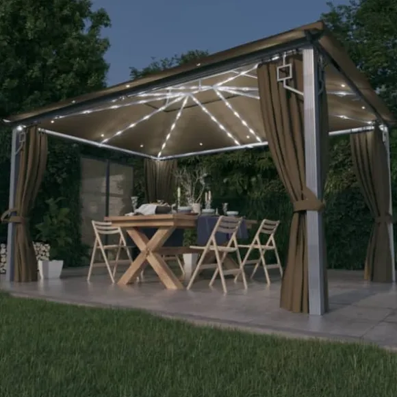 vidaXL pavillon med gardin + LED-lyskæde 400x300 cm aluminium gråbrun - Festtelte & havepavilloner